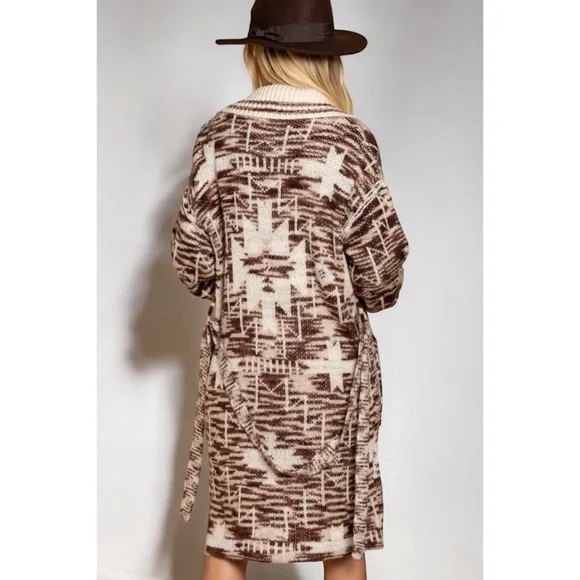 POL Beige & Brown Aztec Belted Knit Cardigan - Picture 8 of 9